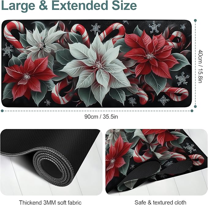 Christmas Flowers Gaming Mouse Pad 35.4"x15.7"Desk Mat Anti-Slip Rubber Base & Durable Stitched Edges for Gamers Smooth Mouse Writing Surface for Desk Office/Home