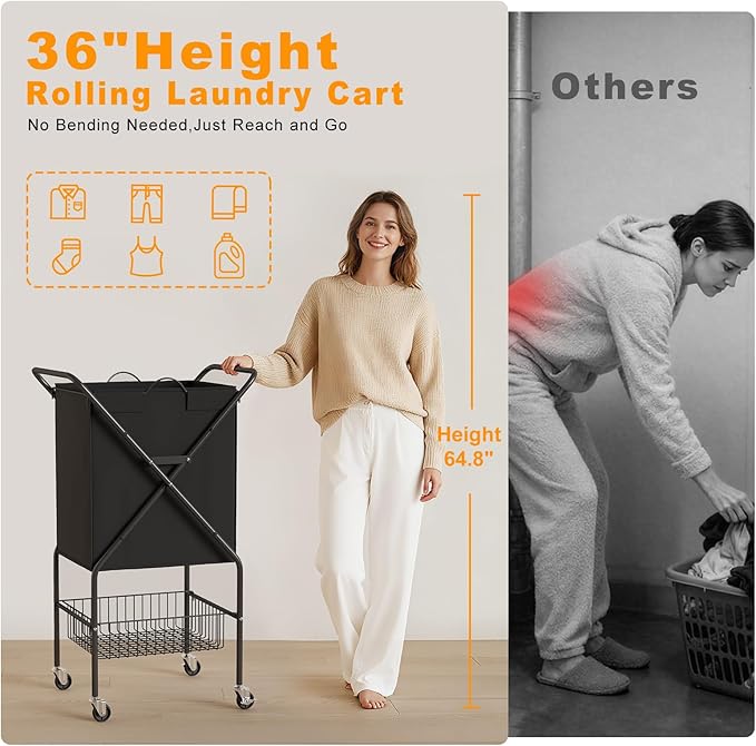 Laundry Basket with Wheels:88L Rolling Laundry Cart Foldable Metal Frame Dirty Clothes Laundry Hamper 36"H 4 Caster 2 Brake Waterproof Removable Liner Carry Handle for Dorm Laundry Room,Black