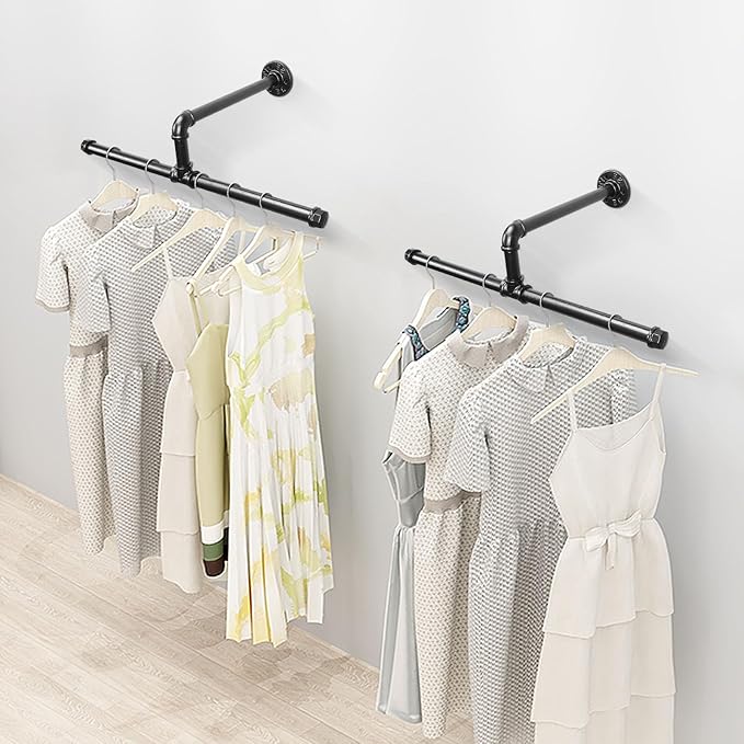 Industrial Pipe Clothes Rack Floating DIY Wall Mounted, Heavy Duty Rustic Vintage Clothing Rod, Metal Garment Bar Space-Saving Hanging for Bedroom, Bathroom and Laundry Room (Black 20 inch)
