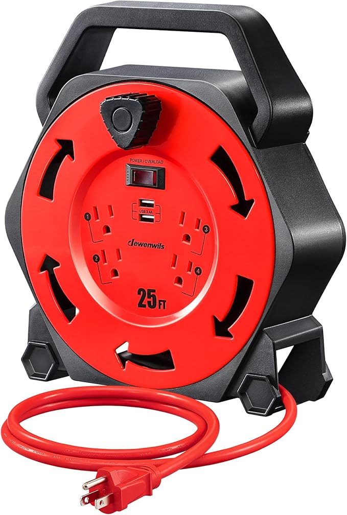 DEWENWILS Cord Reel with 4 Power Outlets, 2-USB Ports(3.4A Fast Charge), 25FT Retractable Extension Cord Reel, Heavy Duty SJTW 16/3 Cable, 13A Circuit Breaker, Hand Wind, UL Listed
