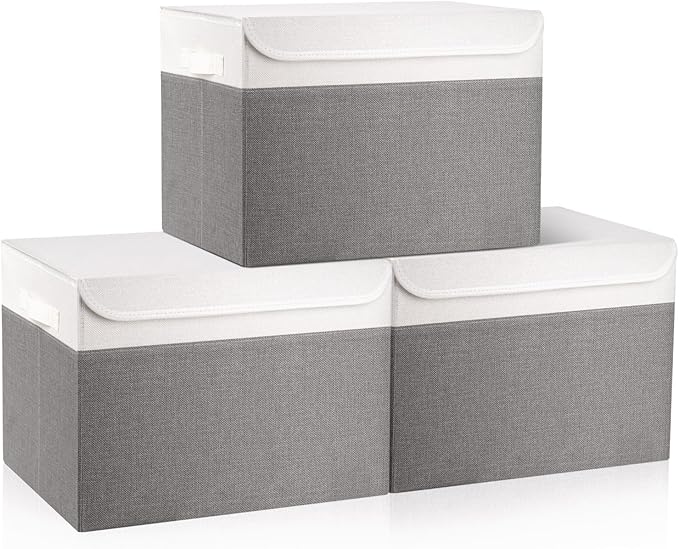Large 17" 42 Quarts Collapsible Stackable Storage Bins with Lids [3-Pack] Foldable Fabric Linen Storage Boxes Cube, Closet Organizer Baskets with Label (16.7 x 12 x 12, Gray & White)