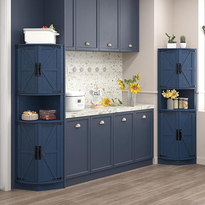 Vabches 64.8" Tall Farmhouse Corner Cabinet with 4 Doors and 5 Storage Shelves, Farmhouse Storage Cabinet with Barn Door Design, Home Space Saver for Living Room, Kitchen, Laundry Room,Blue