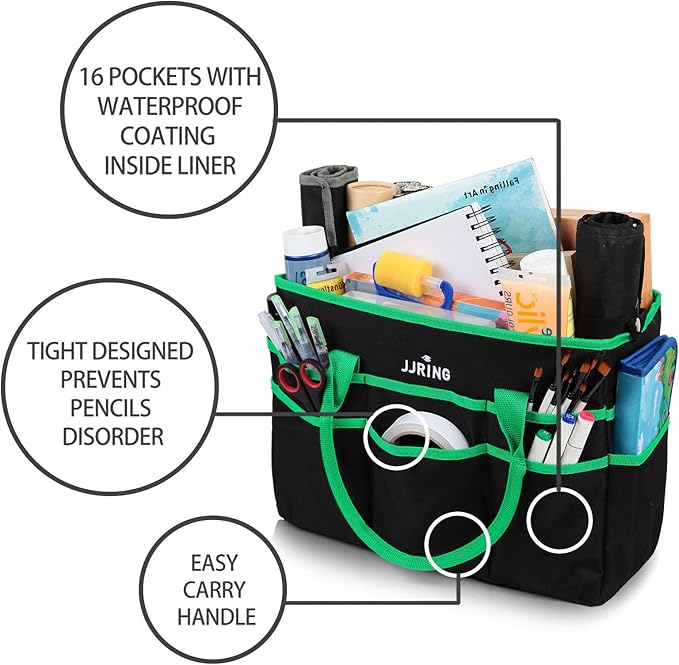 Large Multi-Functional Carrying Bag, 600D Nylon Artist Tote Bag with 16 Pockets Caddy for Art, Craft, Sewing, Make-up or School, Medical, Office Supplies Organizer, Green