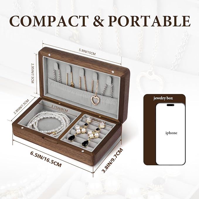 LadyRosian Wooden Small Jewelry Box - Mini Wood Travel Jewelry Case Portable Organizer for Rings, Earrings, Necklaces & Bracelets Storage Women Girls Men,Black Walnut