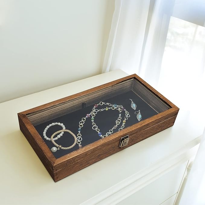 MOOCA Glass Top Wooden Jewelry Display Case with Removable Black Luxurious Velvet Jewelry Display Pad, Deeper 2.75-Inch Design for Taller Collectibles, Brown Color