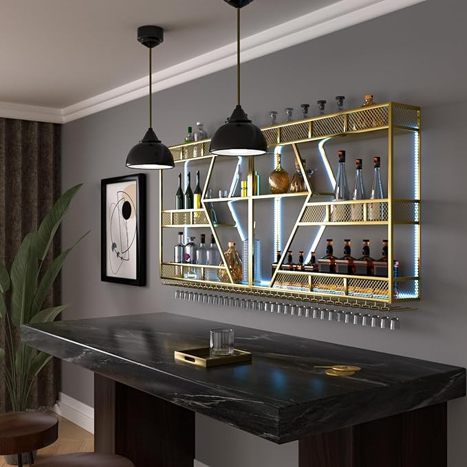 94.48in Metal Wine Rack Wall Mounted, Modern Wine Storage Rack Wall Mounted with Wine Glass Holder, Liquor Shelf, Bar Shelves for Liquor Bottles (3TIERS Gold, 94.48 * 7.87 * 33.85INCH)