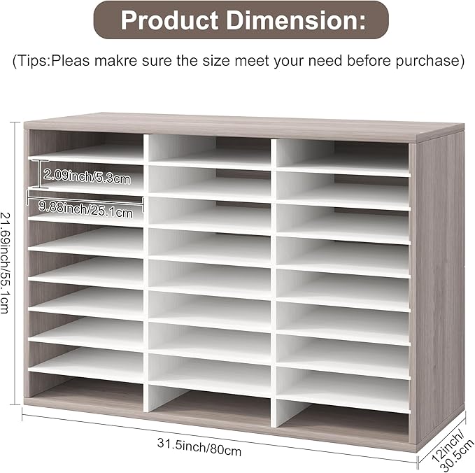 Literature Organizer 27 Slots Wooden Mailboxes for Classroom Office Mail Organizer Countertop Vertical File Sorter with Adjustable Shelves Heavy Duty Office Mailbox Cubbies, Retro Grey/White