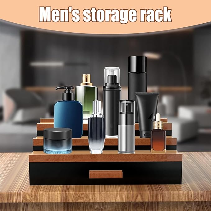 3 Tier Wood Perfume Display Stand | Perfume Organizer Shelf with Drawer | Multifunction Bathroom Storage, Vanity Counter Organizer for Beard Grooming, Shaving Lotion, Watches, Sunglasses, Cologne