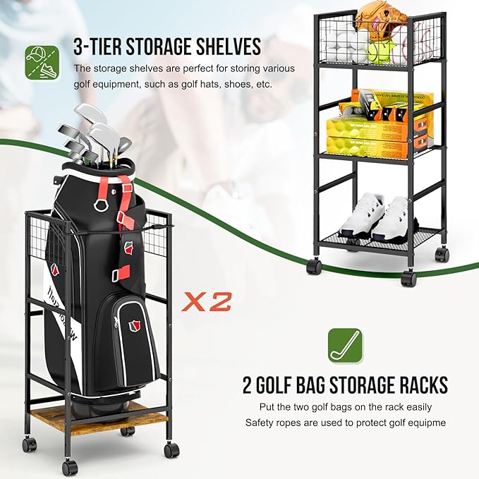 Golf Bag Storage Rack for Garage with Wheels, Organizer for Golf Bag and Equipment Accessories, Golf Organizer Stand Ideal for Home, Garage, Club, Shed, Basement - Sturdy and Durable (Black)