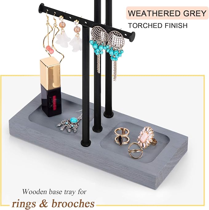 Love-KANKEI Jewelry Organizer Stand Metal & Wood Base and Large Storage Necklaces Bracelets Earrings Holder Organizer Gift Black and Weathered Grey