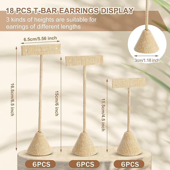 Marsui 18 Pcs Earring Display Set Earring T Bar Display Earring Holders with 3 Heights Earrings Display Stand for Jewelry (Linen Color)