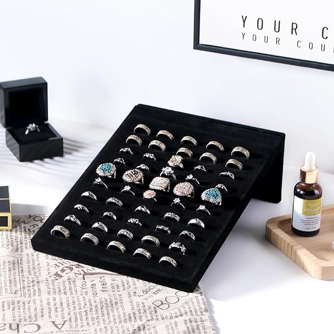 50 Slots Rings Display Stand, Ring Organizer Holder Stand for Selling, Ring Earring Jewelry Pad Showcase Storage Tray for Home or Shop Sell Show (Black 1PC)