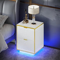 White Nightstand, Fluted End Table with LED Lights, Modern Nightstand with Floating Base, Bedside Table with Storage, End Table with Drawers for Bedroom, White and Gold