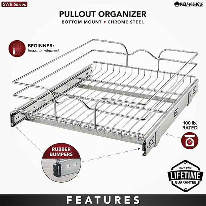 Rev-A-Shelf Kitchen Cabinet Pullout Shelf and Drawer Organizer Slide Out Pantry Storage Basket in Multiple Sizes, 18 x 22 In, 5WB1-1822CR-1