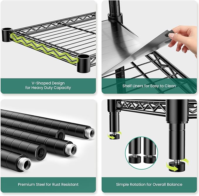48" W Storage Shelves 5-Tier Wire Shelving, 1875LBS Adjustable Metal Shelving with 5 Shelf Liners, Heavy Duty Steel Wire Rack for Garage Commercial Pantry Kitchen, 48" W x 18" D x 72" H, Black