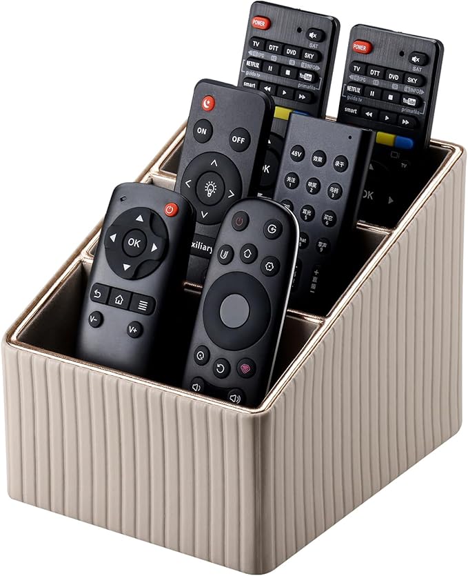 KINGFOM 3 Slot PU Leather Remote Controller Holder, Home Sundries Storage Box, TV Guide/Mail/CD Organizer/Caddy/Holder with Free Cable Desk Organizer (Dark Beige)