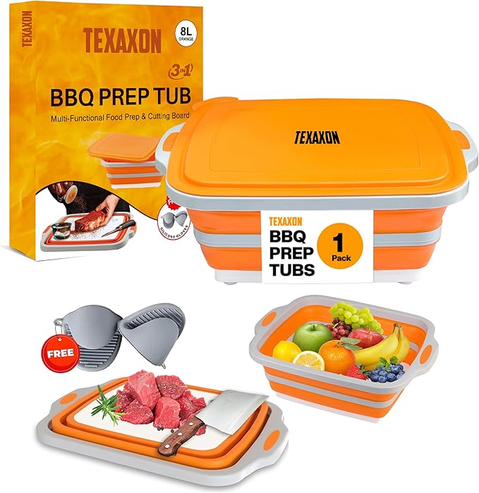 8L/16L BBQ Prep Tub with Cutting Board, Lid & Complimentary Mitts/Gloves – Collapsible Bucket for BBQ, Marinade, Picnic, Camping, Meat Prep – Orange/Black (Orange, X-Large)
