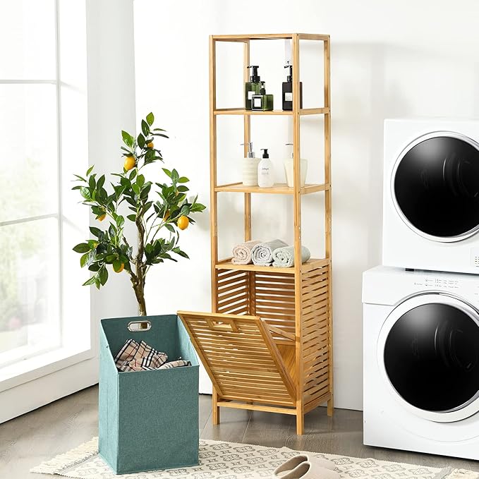 Giantex 63'' Tilt Out Laundry Hamper and 4-Tier Storage Shelves, Removable Clothes Basket with Easy Carry, Bamboo Tower Hamper Organizer, Great for Bathroom, Bedroom, Laundry Room, Closet, Nursery