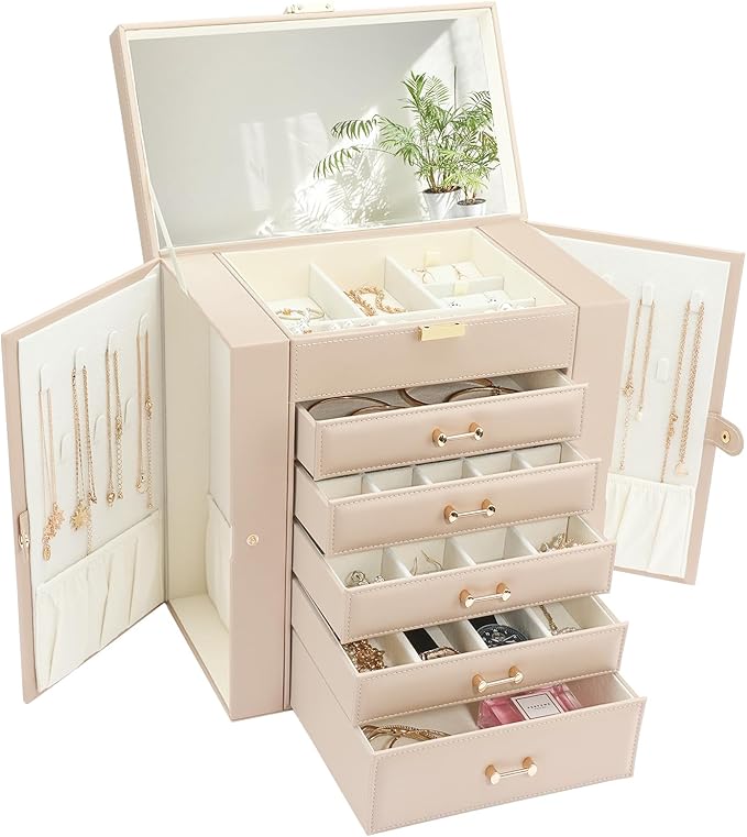 Large Jewelry Holder Organizer, 6 Layer Jewelry Box for Women Jewelry Storage Case With Handle, Gift for Christmas New Year, Apricot