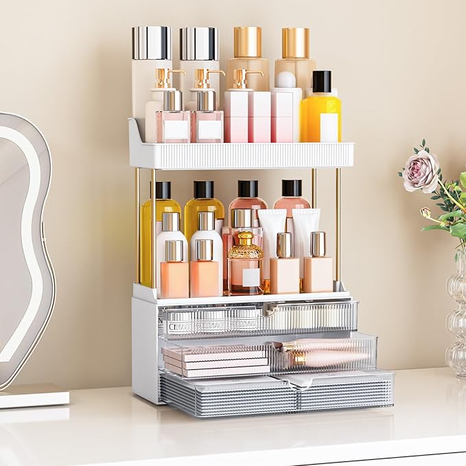 5 Tiers Bathroom Counter Organizer - 3 Drawers Makeup Organizer, Cosmetic Storage Drawer for Dresser Countertop and Bathroom Vanity for Large Skincare, Perfume, Clear