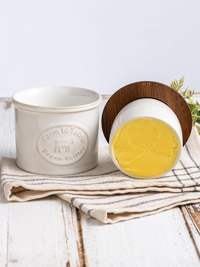 Ceramic Butter Dish With Lid, Butter Crock for Countertop, French Butter Keeper Holder for Spreadable Butter, Cream White