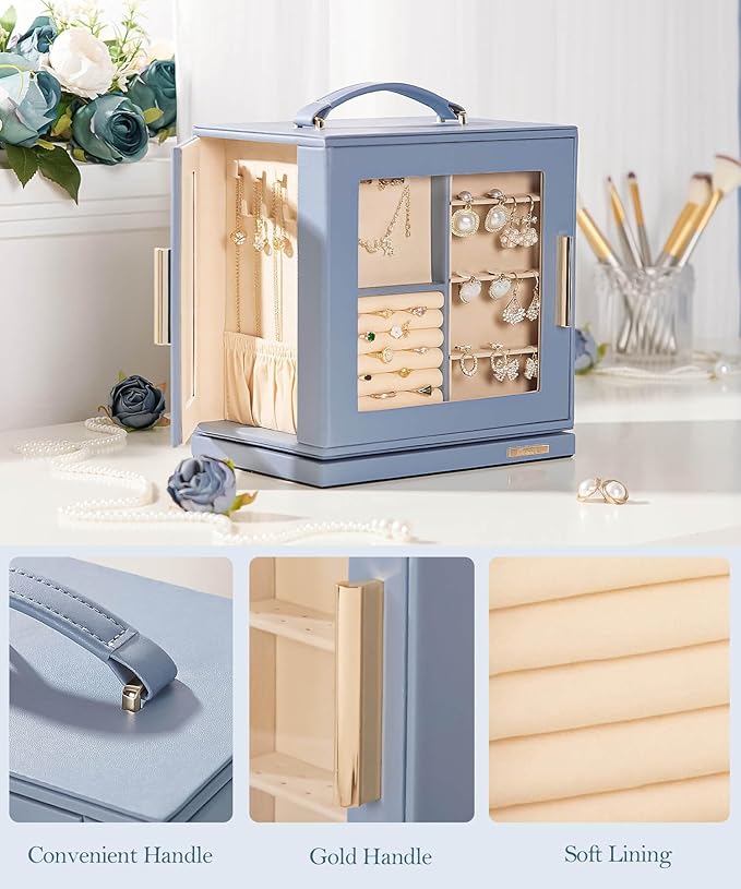 Homde Christmas Gifts Jewelry Box 360° Rotating, Necklace Earring Organizer with Transparent Window, Mirror, 7 Drawers, Large Ring Display Storage Case for Girls Women (Grey Blue)