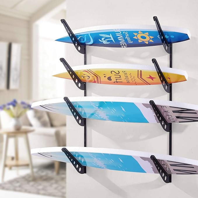 VEVOR Surfboard Wall Mount, 4 Tiers Horizontal Surfboard Rack for Storage and Display, Adjustable Height Metal Board Stand Organizer, Surf Board Holder for Snowboards, Kiteboards, Shortboard, Skis