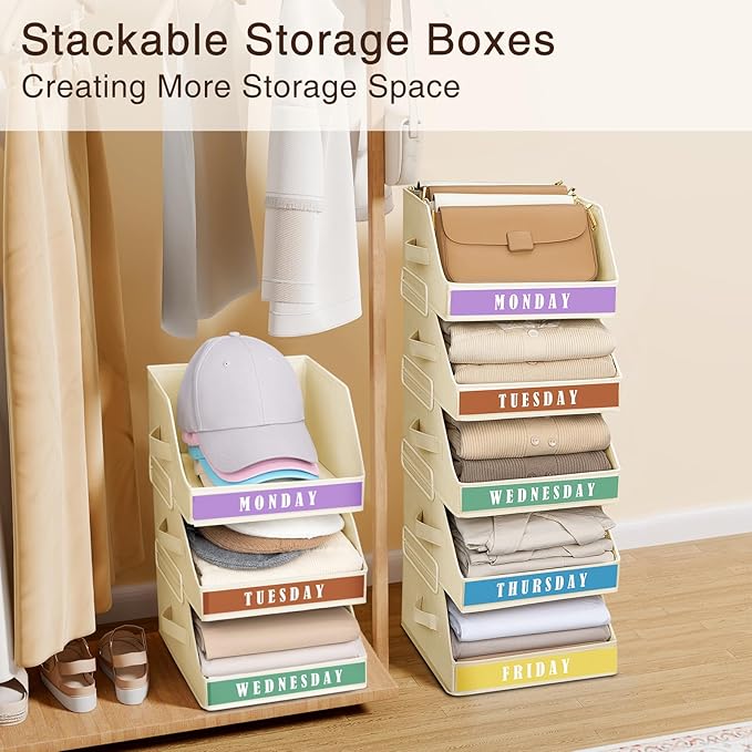 Closet Organizers and Storage - 5 Tier Shelf Organizer with Weekly Labels, Stackable Storage Bins with Metal Frame, Foldable Cube Bins, Home Baskets for Kids and Adults, Beige