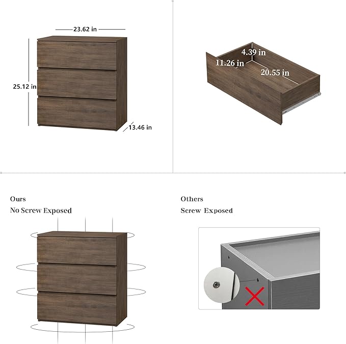 woodtalks 3 Drawer Dresser, Wood Chest Drawers with Storage for Closet, Bedroom, Living Room and Hallway, Drawers Dresser Bedside Nightstand, Walnut, Brown