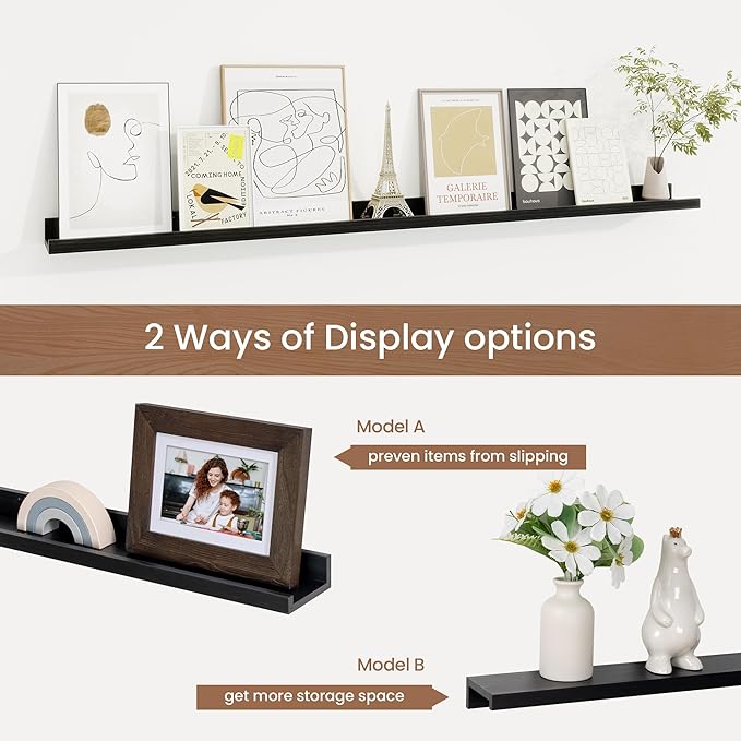Picture Ledge Shelf, Floating Shelves Set of 2, 48 Inches Solid Wood Nursery Book Shelves for Toys Storage, Kids Bookshelf Wall Mounted for Living Room Bedroom Decor Books Photo Frames, Black