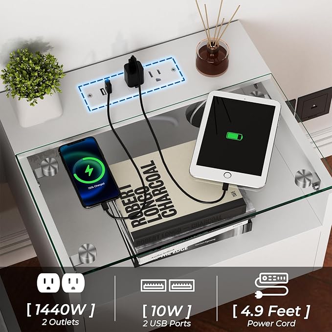 Loomie White Floating Nightstands Set of 2, 18.9” Bedside Table w/Charging Station and LED Light, Floating Shelf with Drawer, Wall Mounted Night Stand for Bedroom, Entryway Wall.
