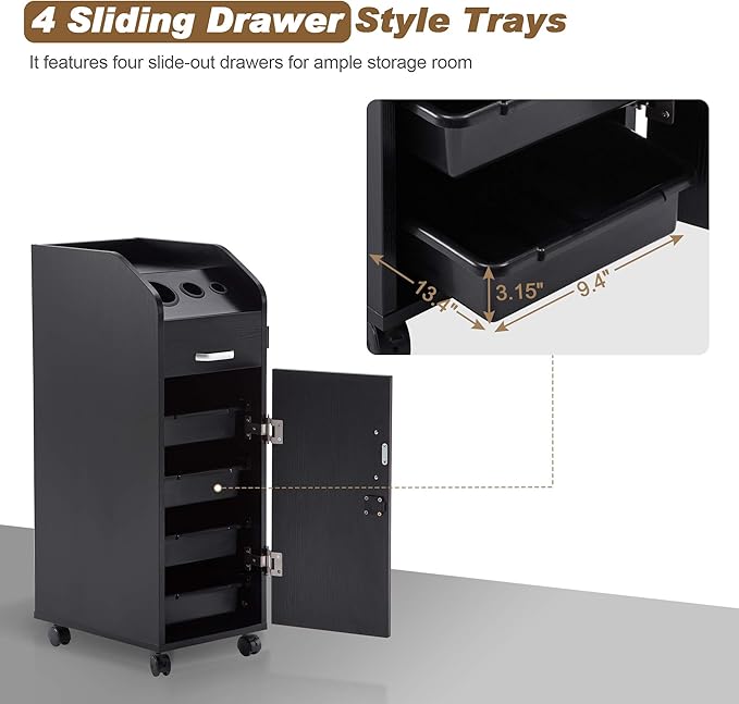 BarberPub Beauty Salon Trolley Storage Cart Hair Dryer Holder Stylist Equipment with Lockable Rolling Wheels, Drawer (Black)