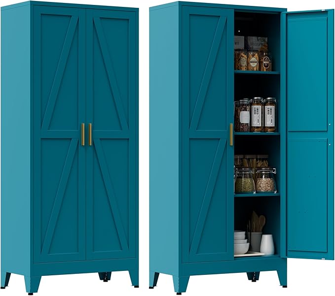 Metal Pantry Cabinet, 61" Tall Kitchen Storage Cabinet with 2 Doors and 3 Adjustable Shelves for Kitchen, Living Room, Dining Room, Bathroom and Home, Office