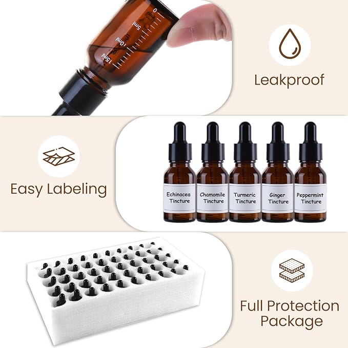 50 Pcs 1/2oz Amber Glass Dropper Bottles with Measurement, 15ml Leakproof Tincture Bottles with Funnels, Eye Droppers, Extra Caps & Labels, Refillable Empty Bottle for Tinctures, Essential Oils