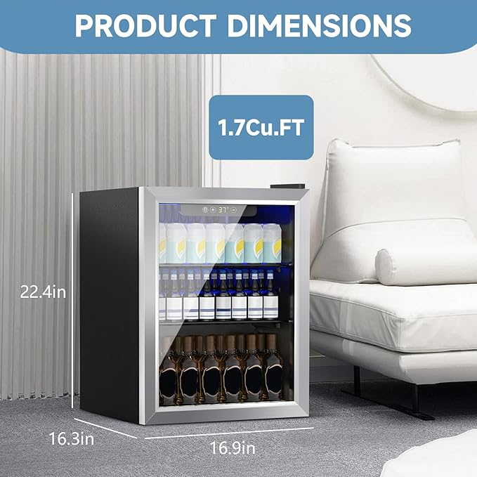 Beverage Refrigerator Cooler, 70 Can Mini Fridge Glass Door for Drinks Soda, Beer, or Wine - Small Refrigerator for Office Bedroom Home Bar, Adjustable Shelves, 1.7 Cu.Ft, Silver
