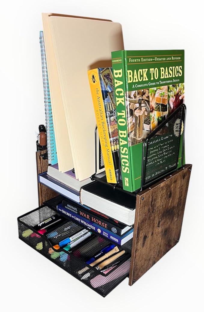 4-Tier Wood & Metal Desk Organizer – Vertical File Tray, Pen Holder & Drawer | Desktop Organizer for Home Office Supplies, Folders, Notebooks & Documents | Space-Saving Mesh Office Organizer