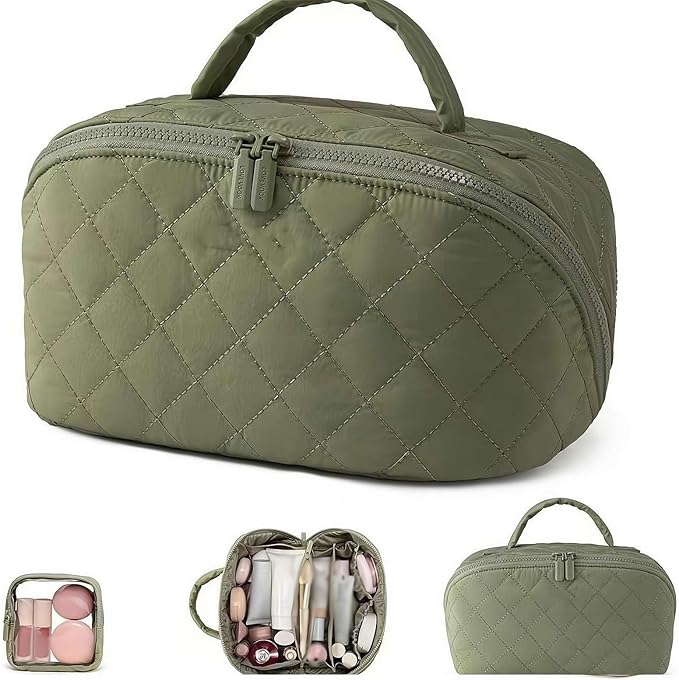 2026 Travel Makeup Bag for Women – 180° Lay-Flat Puffy Cosmetic Organizer with 5 Compartments, Water-Resistant & Machine Washable Makeup Case,Puffy Padded Organizer for Toiletries,Ideal Gifts for Her