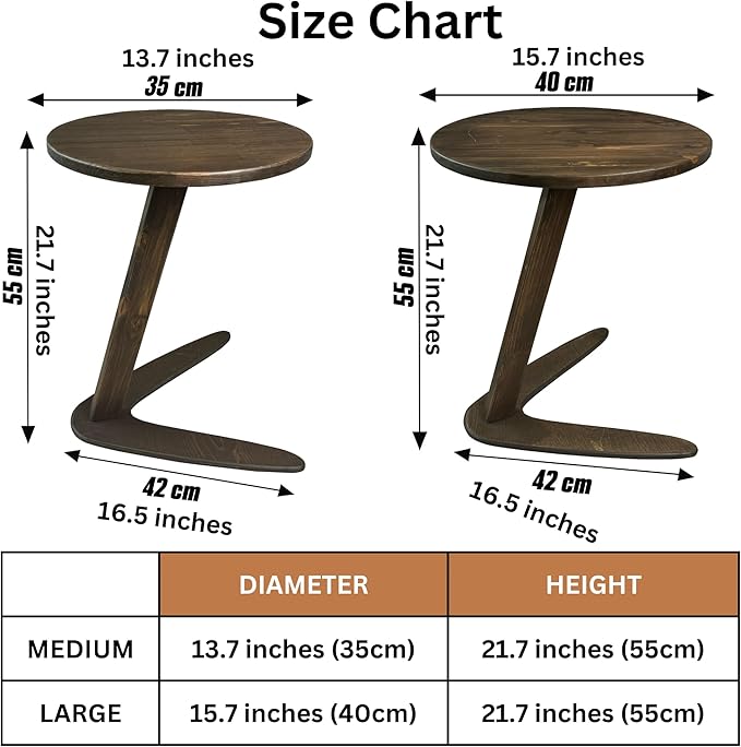C-Shaped Handmade End Table, Side Table for Couches, Sofa Tables Slide Under Couch for Living Room, Over Couch TV Tray Table for Small Spaces (Large, Dark Walnut)
