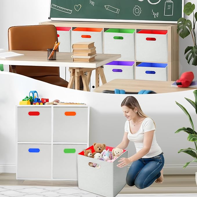 6 Pcs 11 Inch Colorful Felt Storage Cubes with Handle, Collapsible Fabric Storage Cubes Toy Bins Foldable Baskets for Nursery, Playroom, Kids Room, Toys, Books, Clothes(Gray-rainbow)