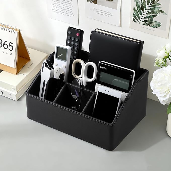 Remote Control Holder with 5 Compartments for Office Art Supplies, PU Leather Nightstand Organizer Pencil Pen Desk Caddy for Home, Desktop TV Remote Control Organizer Storage (Black)
