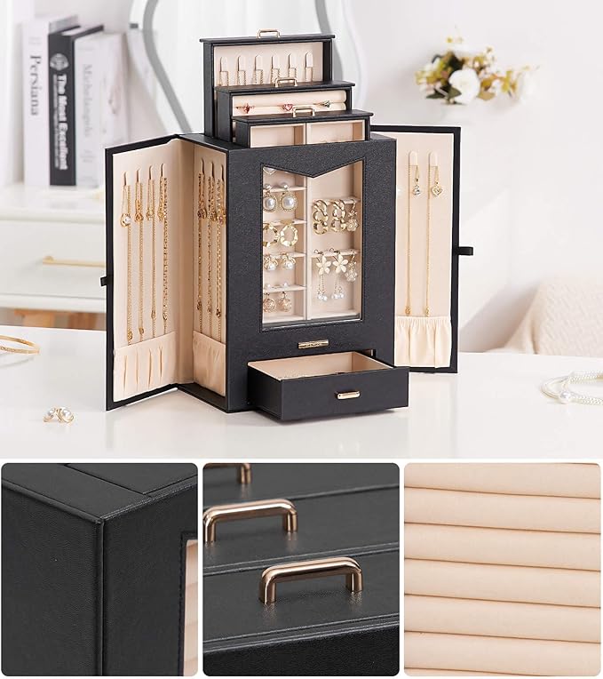 Homde Jewelry Organizer with Transparent Window Necklace Hooks Gift for Women Jewelry Box Display Case for Necklaces Rings Earrings Bracelets and Other Jewelry Accessories (Black + Gold)