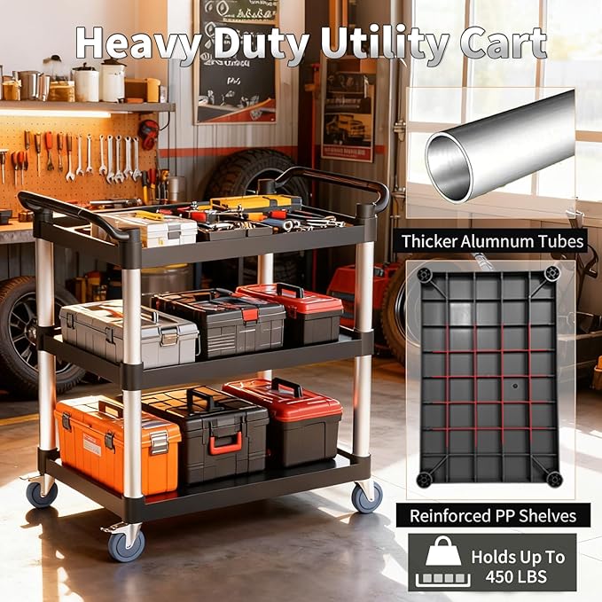 3 Tier Rolling Cart with Hair-Proof Wheels, Plastic Utility Service Cart, Heavy Duty 450 Lbs Capacity, Solid Handle,Commercial Serving Cart for Home/Office/Restaurant/Warehouse.40×19.7"×38"