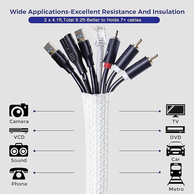 Cable Management Sleeves 1in - 2 Pack 6.6ft Split Braided Cable Sleeve White, Cord Protectors from Pets, Wire Organizers for Cords, Flexible Cord Wrap Wire Sleeve for Computer Cord Organizer