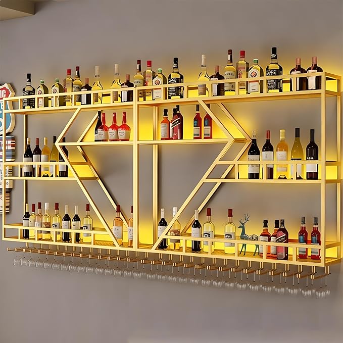 94.48in Metal Wine Rack Wall Mounted, Modern Wine Storage Rack Wall Mounted with Wine Glass Holder, Liquor Shelf, Bar Shelves for Liquor Bottles (3TIERS Gold, 94.48 * 7.87 * 33.85INCH)