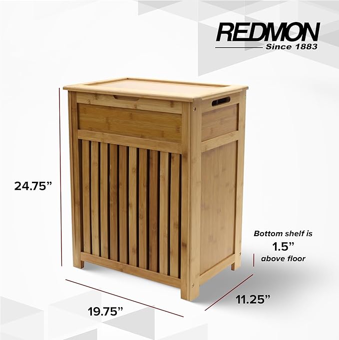 Redmon Bamboo Top Load Full Size Clothes Hamper, Side Handles, Double Hinged Lid and Decorative Stop