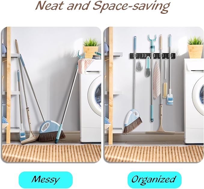 Mop and Broom Holder Wall Mount - Black Broom Mop Hanger - Wall Mounted Garden Tool Rack Organizer for Closet Garage Laundry Room Kitchen Decor With 5 Slots & 4 Hooks