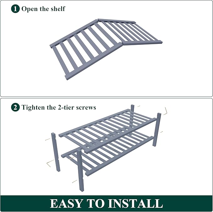 Smiry Bamboo Shoe Rack for Closet, 2 Tier Wooden Stackable Shoe Organizer, Free Standing Shoes Storage Shelf for Entryway, Front Door Entrance, Grey