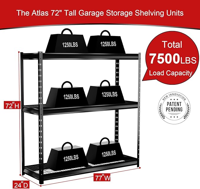The Atlas 72" H Metal Garage Shelving Unit, 3-Tier Heavy Duty Storage Shelves, 7500 LBS Load Capacity, Industrial Steel Shelf Rack for Shop Warehouse Basement, 77”W x 24”D x 72”H