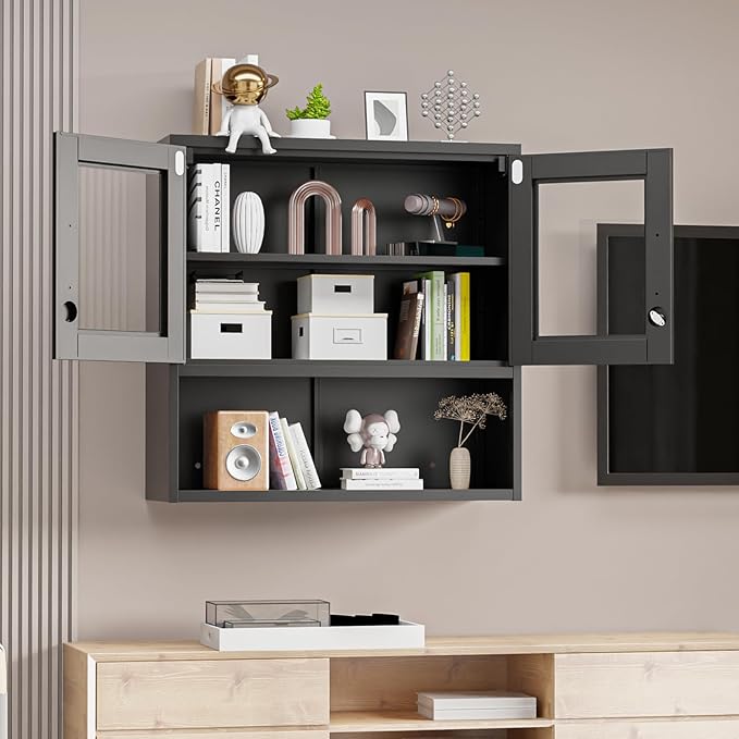 VINGLI Metal Wall Cabinet with Locking Glass Doors, Adjustable Shelf, Wall Mounted Storage Display Cabinets for Garage, Kitchen, Home Office, Warehouse, Living Room, Black