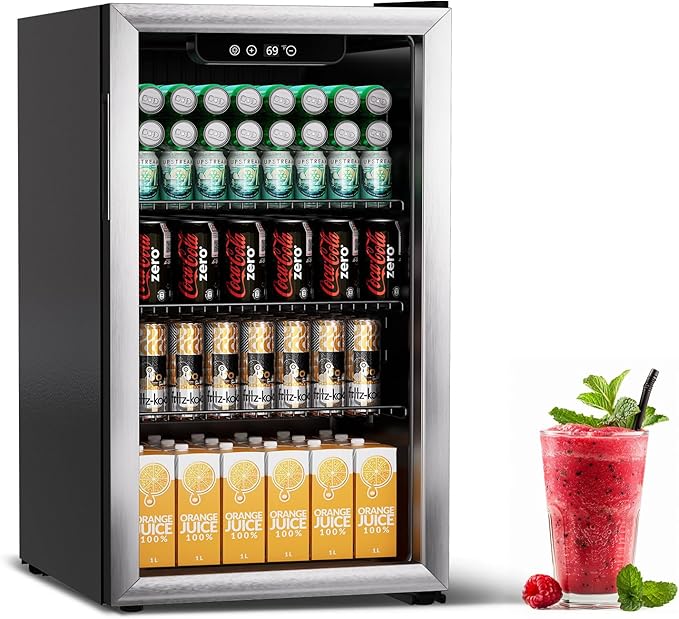 Compact Beverage Refrigerator,110 Can/3.1 Cubic Feet Fridge with Glass Door for Soda, Beer Under Counter Small Refrigerator with Adjustable Shelve & LED Display(Silver)